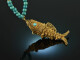 Around 1970! Filigree fish pendant with turquoise chain silver gold plated