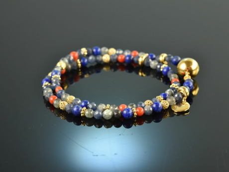 Ancient Chic! Fancy bracelet 2 rows coral lapis lazuli labradorite and sapphire sterling silver 925 gold plated