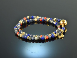 Ancient Chic! Fancy bracelet 2 rows coral lapis lazuli...