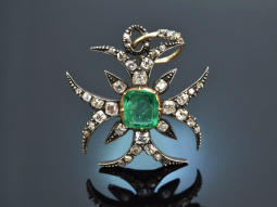 Around 1800! Finest emerald cross pendant with diamonds silver gold 585