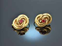 Um 1850! Seltene Biedermeier Ohrringe mit Saatperlen und roten Farbsteinen Gold 750