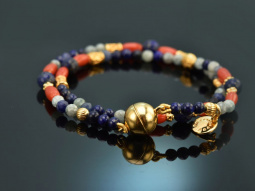 Ancient Chic! Fancy Armband 2reihig Koralle Lapislazuli Saphir und Sodalith Silber 925 vergoldet