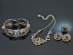 Munich around 1960! Traditional costume jewelry set 4 pieces with garnets silver 835