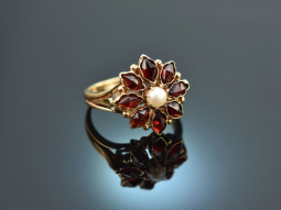 &Ouml;sterreich um 1950! Sch&ouml;ner Granat Ring mit Perle Gold 585