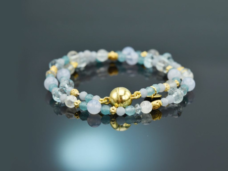 Pale Blue! Fancy Armband Aquamarin Chalcedon Achat Angelit Silber 925 vergoldet