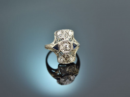 Around 1920! Noble Art Deco ring with diamonds and sapphires white gold 833