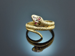 Um 1960! Schlangen Ring mit Diamant und Rubinen Gold 585