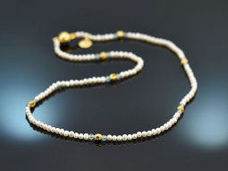 Tiny Pearls! Zarte Kette mit Zuchtperlen und Aquamarin Silber 925 vergoldet