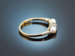 Um 1910! H&uuml;bscher Ring mit Altschliff Diamant und Perlen Gold 585