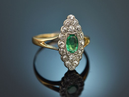 Around 1910! Marquise ring with emerald and old-cut diamonds 750 gold