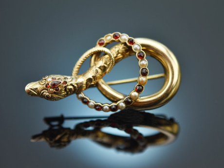 Around 1850! Biedermeier snake brooch seed pearls garnet gold 585