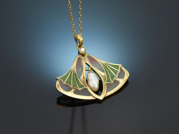 Around 1900! Rare plique-&agrave;-jour Art Nouveau pendant with chain gold 585