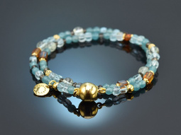 Soft Blue! Double-row fancy bracelet with aquamarine agate smoky quartz citrine silver 925 gold-plated