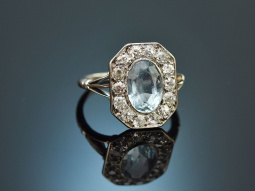 Circa 1920! Art Deco platinum ring with aquamarine and old european cut diamonds
