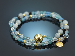 Soft Blue! Double-row fancy bracelet with aquamarine agate smoky quartz silver 925 gold-plated