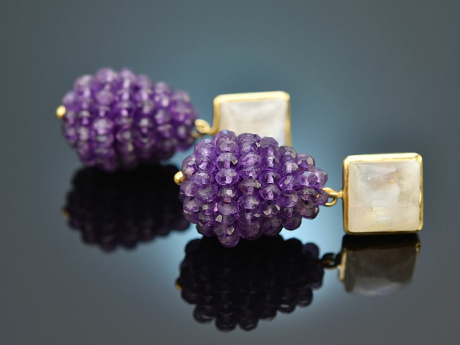 Lavender Blossom! Tropfen Ohrringe mit Amethyst und Mondstein Silber 925 vergoldet