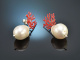 Korallen Riff! Schicke Ohrringe barocke Zuchtperlen rotes Emaille Silber 925
