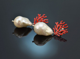 Coral reef! Chic earrings baroque cultured pearls red...