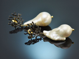 Coral reef! Chic earrings baroque cultured pearls black enamel silver 925