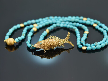 Around 1970! Filigree fish pendant with turquoise chain, gold-plated silver