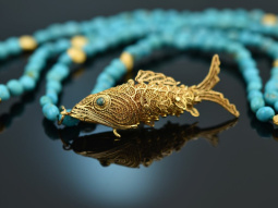 Around 1970! Filigree fish pendant with turquoise chain,...