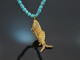 Around 1970! Filigree fish pendant with turquoise chain, gold-plated silver