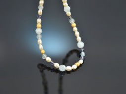 Delicate necklace made of sapphires aquamarines and cultured pearls silver 925 gold-plated