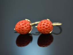 From our workshop! Very large coral strawberry earrings...