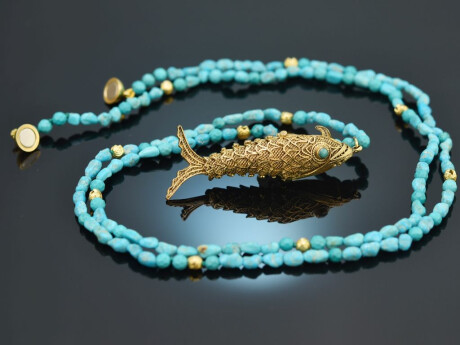 Around 1970! Filigree fish pendant with turquoise chain, gold-plated silver