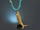 Around 1970! Filigree fish pendant with turquoise chain, gold-plated silver