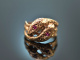 Around 1890! Historic snake ring with rubies in red gold 585