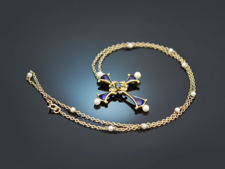 Cross pendant with chain pearls ornamental enamel diamonds and sapphire in 750 gold