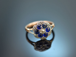 England um 1900! Daisy Ring mit Diamanten und saphirblauer Paste aus Gold 375