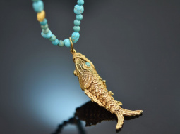 Around 1970! Filigree fish pendant with turquoise chain, gold-plated silver