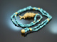 Around 1970! Filigree fish pendant with turquoise chain, gold-plated silver