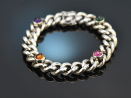 Around 1970! Beautiful curb bracelet with colored stones in silver