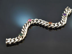 Around 1970! Beautiful curb bracelet with colored stones in silver