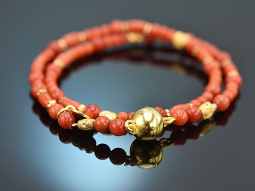 Lovely corals! Fancy bracelet 2-row Mediterranean coral silver 925 gold-plated