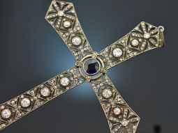 South German around 1900! Large cross pendant with sapphire and diamonds in silver