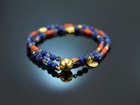 Ancient Chic! Fancy Armband Lapislazuli Saphir Tansanit Koralle Silber 925 vergoldet