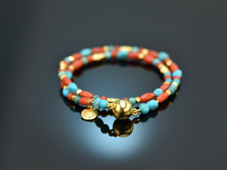 Turquoise Sea! Fancy bracelet 2-row turquoise coral silver 925 gold-plated