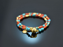 Turquoise Sea! Fancy bracelet 2-row turquoise coral silver 925 gold-plated