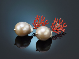 Coral reef! Chic earrings baroque cultured pearls red...
