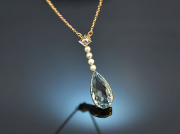 Around 1910! Necklace with aquamarine diamond and seed pearls in 585 gold