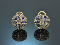 Um 1950! Wundervolle Ohrringe mit Diamantrosen und Saphiren aus Gold 750 und Platin