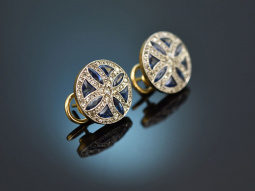 Around 1950! Wonderful earrings with diamond roses and sapphires in 750 gold and platinum