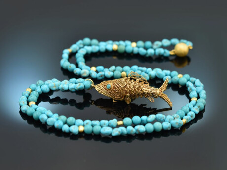 Around 1970! Filigree fish pendant with long turquoise chain, gold-plated silver