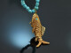 Around 1970! Filigree fish pendant with long turquoise chain, gold-plated silver