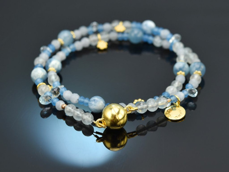 Soft Blue! Double-row fancy bracelet with aquamarine agate angelite silver 925 gold-plated