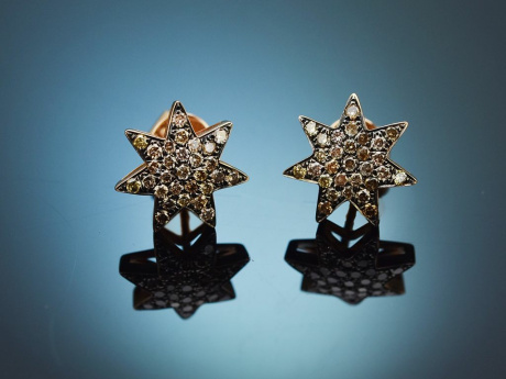 Twinkling Stars! Star earrings with cognac-coloured diamonds rose gold 750